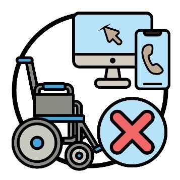 A wheelchair, a computer and a phone. Next to them is a cross.