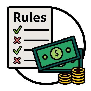 A rules document next to a stack of money.