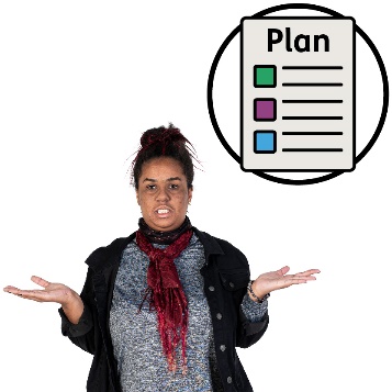 A participant shrugging next to a plan document.