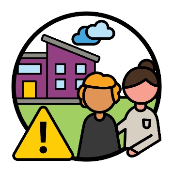 A person supporting a participant in front of a house. Next to them is a problem icon.