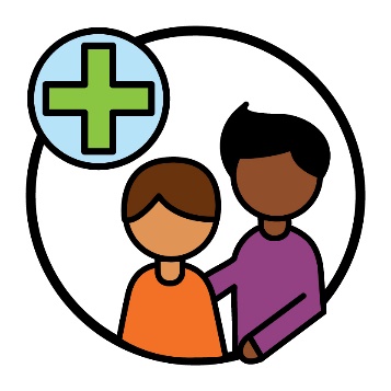 A plus sign above a support worker supporting a participant.