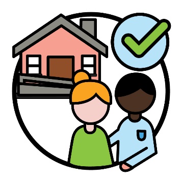 A tick above a person supporting a participant in front of a house with a ramp.