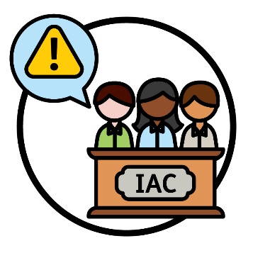 3 people behind a podium that says 'IAC' and above them is a speech bubble that shows a problem icon.