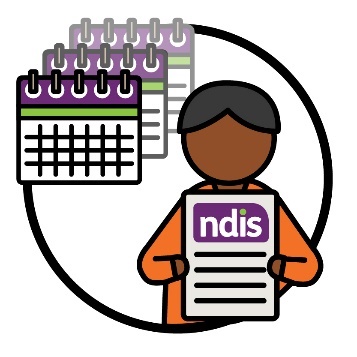 A person holding an NDIS document and next to them is a stack of calendars.