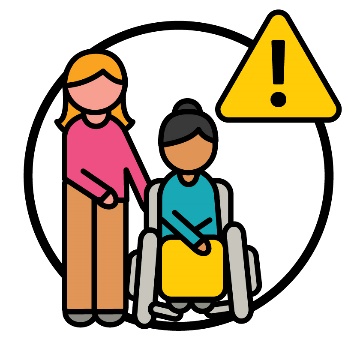 A person supporting someone in a wheelchair and next to them is a problem icon.
