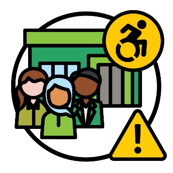 A building with a disability icon. Next to the building are 3 disability service workers and a problem icon.