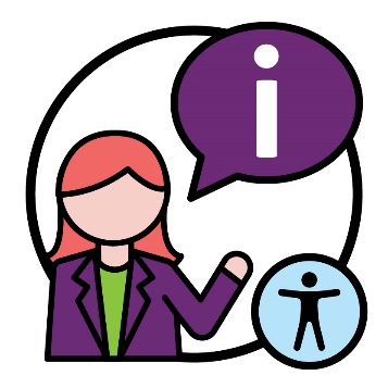 An NDIA worker with a speech bubble that shows an information icon. Next to them is an accessibility icon.