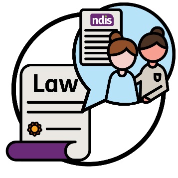 A law document with a speech bubble that shows a person supporting someone and an NDIS document. 