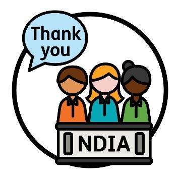 3 people behind a podium that says 'NDIA'. Next to them is a speech bubble that says 'Thank you'.