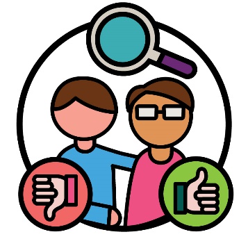 A magnifying glass above a person supporting someone. Below them is a thumbs down and thumbs up.