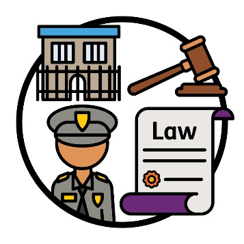 A prison building, a gavel, a police officer and a law document.