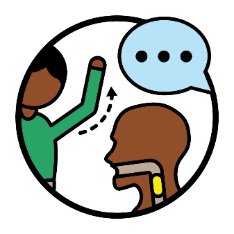 A person moving their arm, a speech bubble, and a diagram of someone swallowing something.