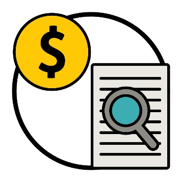 A money symbol and a document with a magnifying glass.