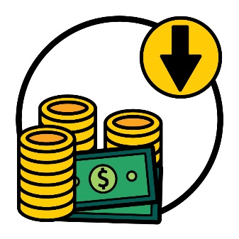 A money icon. Above it is an arrow pointing down.
