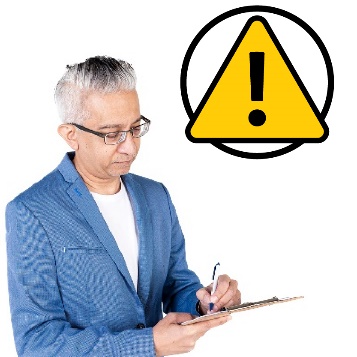 A person writing on a clipboard. Next to them is a problem icon.