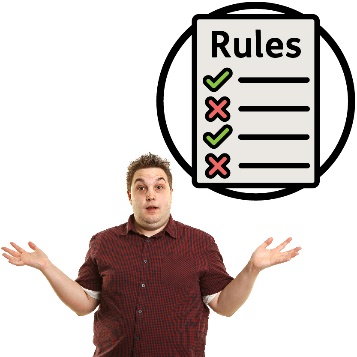 A person shrugging. Above them is a 'Rules' document.