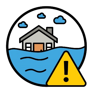 A house that is partially underwater. There is a problem icon next to it.