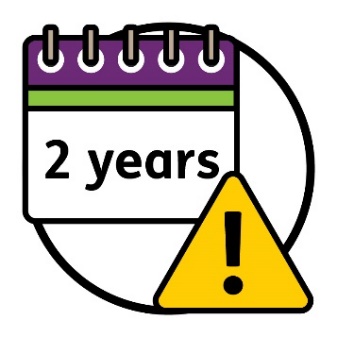 A calendar that reads '2 years' and a problem icon.