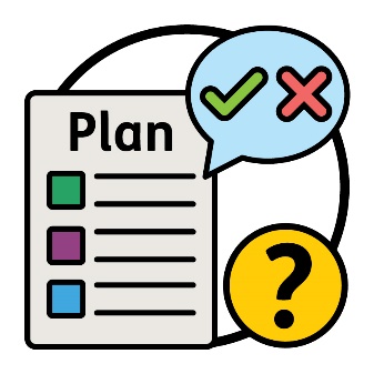 A 'Plan' document with a speech bubble above it and question mark next to it. Inside the speech bubble is a tick and a cross.