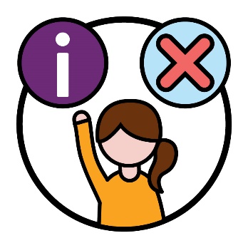 A participant with their hand raised. Above them is an information icon and a cross.