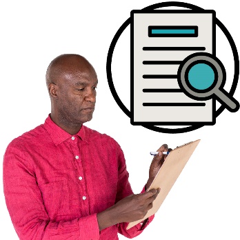 A person writing on a clipboard. Next to them is a document with a magnifying glass.