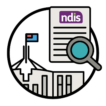 A government building, an NDIS plan and a magnifying glass.