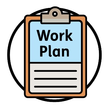 A 'Work Plan' document on a clipboard.