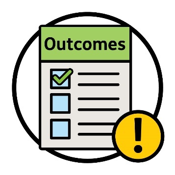 A document titled 'Outcomes' showing tick boxes, and an exclamation mark.
