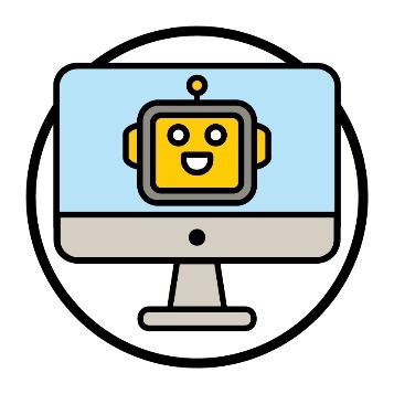 A computer showing a smiling robot.