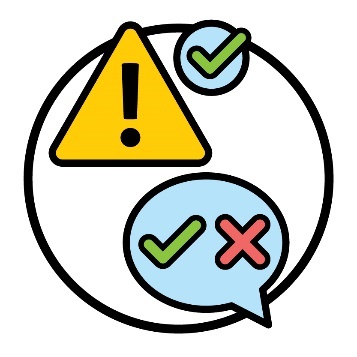 A problem icon and a tick, and a tick and a cross inside of a speech bubble.
