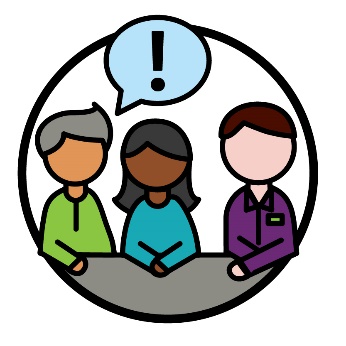 2 Reference Group members having a conversation with a NDIA worker. Above the 2 Reference Group members is a speech bubble with an importance icon in it.