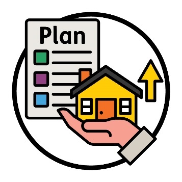 An NDIS plan and a hand holding a house with an up arrow.