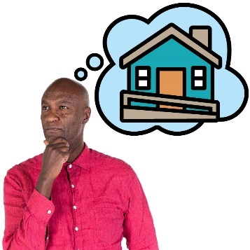 A person thinking with a thought bubble showing a house with a ramp.