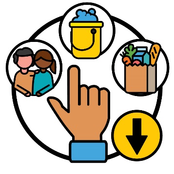 A hand choosing between social supports, cleaning supports and groceries. This is an arrow pointing down.