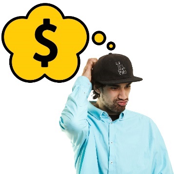 A participant scratching his head with a thought bubble showing a dollar sign.
