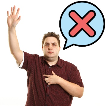 A participant looking frustrated with their hand raised and a speech bubble showing a cross.