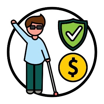 A participant with a white cane and a safety icon and dollar sign.