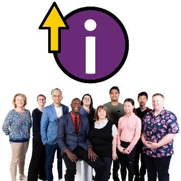 A group of people from the community and an up arrow on an information icon.