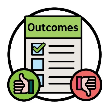 A document titled 'Outcomes' with check boxes on it. There is a thumbs up and a thumbs down.