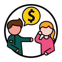 A registered provider with a speech bubble showing a dollar sign and a participant with a hand to her face.