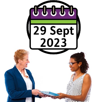 A calendar showing '29 September 2023', and someone giving a report to another person.