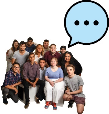 A large, diverse group of people with a speech bubble.