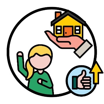A hand holding a house, a person with their hand up and an up arrow on a thumbs up.