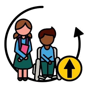 2 students inside a curved arrow, one of them is in a wheelchair. There is an arrow pointing up.