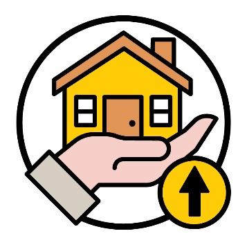 A hand holding a house and an up arrow.