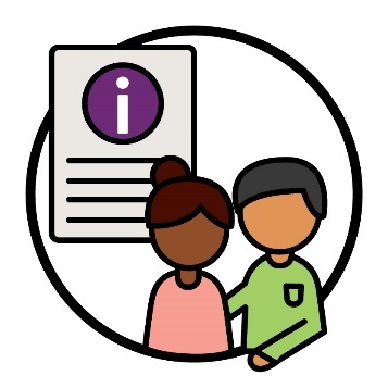 A document with an information icon and 2 people. One of them is supporting the other.