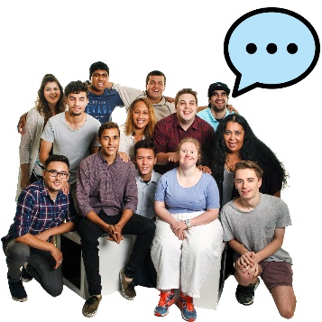 A large group of people from the community beneath a speech bubble.