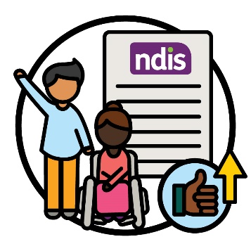 2 First Nations people, an NDIS document and a thumbs up with an arrow pointing up.