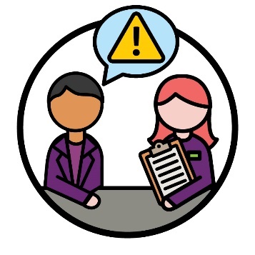 An IAC Member and an NDIA worker having a conversation beneath a problem icon inside of a speech bubble.
