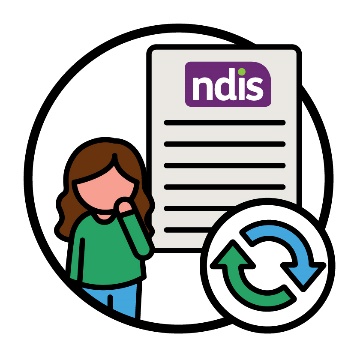 A participant looking worried, an NDIS document and a change icon.